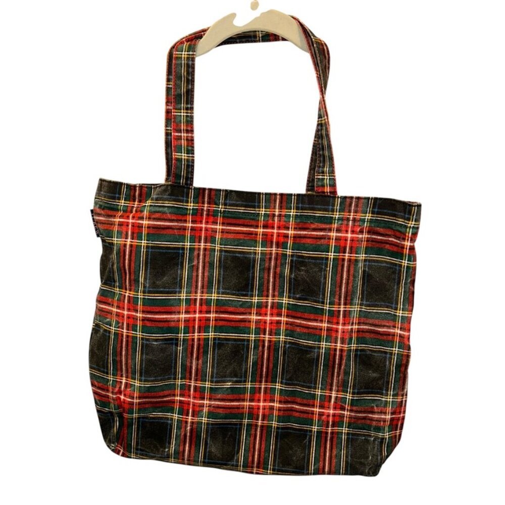 J. crew Stewart plaid print distressed look cotton tote bag HOLIDAY